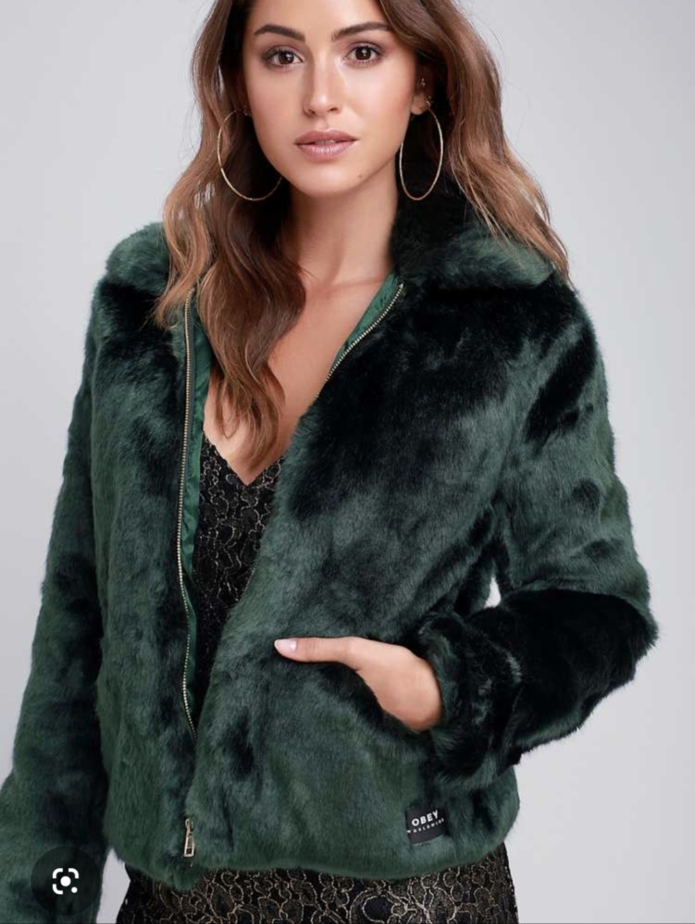 Obey Faux Fur Bomber Jacket in Kale Green